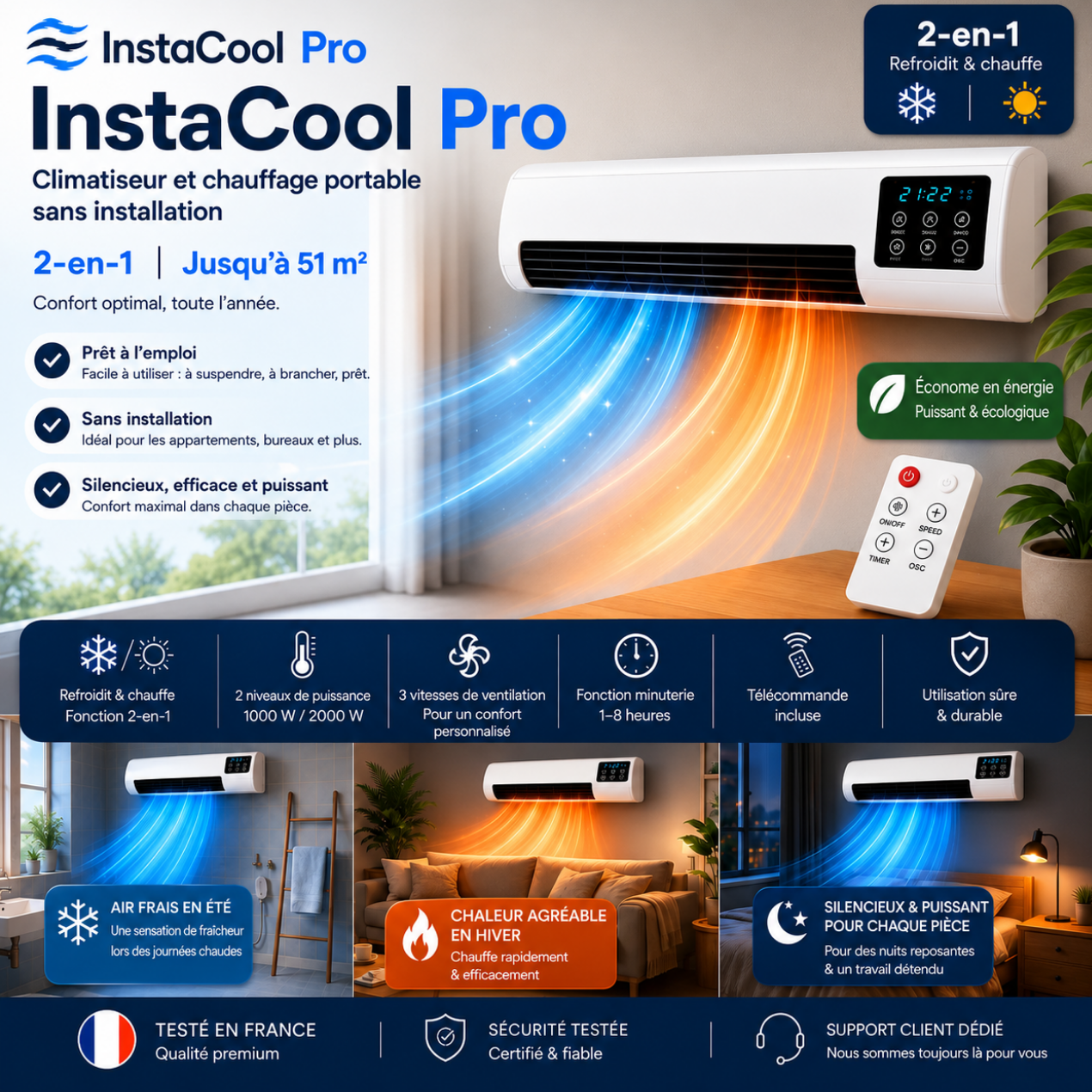 Climatiseur & Chauffage 2-en-1 – Sans Installation, Jusqu'à 51 m²