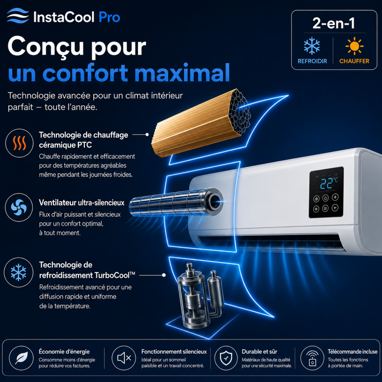 Climatiseur & Chauffage 2-en-1 – Sans Installation, Jusqu'à 51 m²