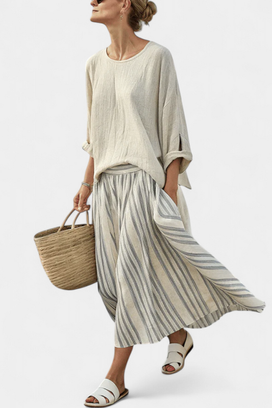 Ensemble Décontracté Femme Beige - Blouse et Jupe