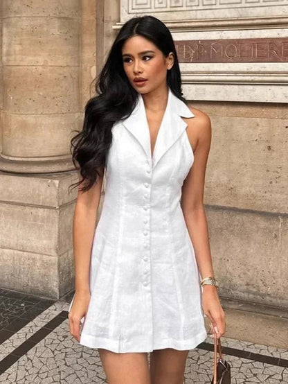 Robe Courte Femme – Col V Halter, Coupe Cintrée & Effet Ventre Plat
