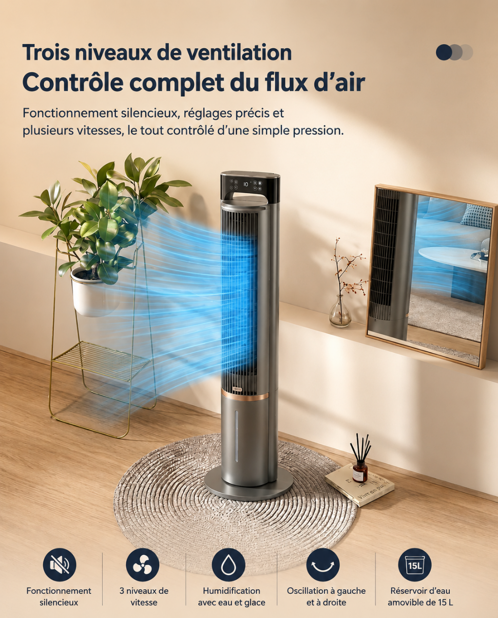Ventilateur Colonne Portable 104 cm – Télécommande, Fonction Rafraîchissante & Ultra-Silencieux