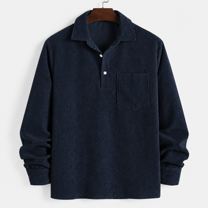 Chemise homme en velours côtelé bleu marine, vue produit face, manches longues et boutonnage demi-placket