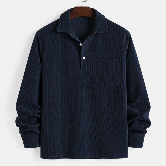 Chemise homme en velours côtelé bleu marine, vue produit face, manches longues et boutonnage demi-placket