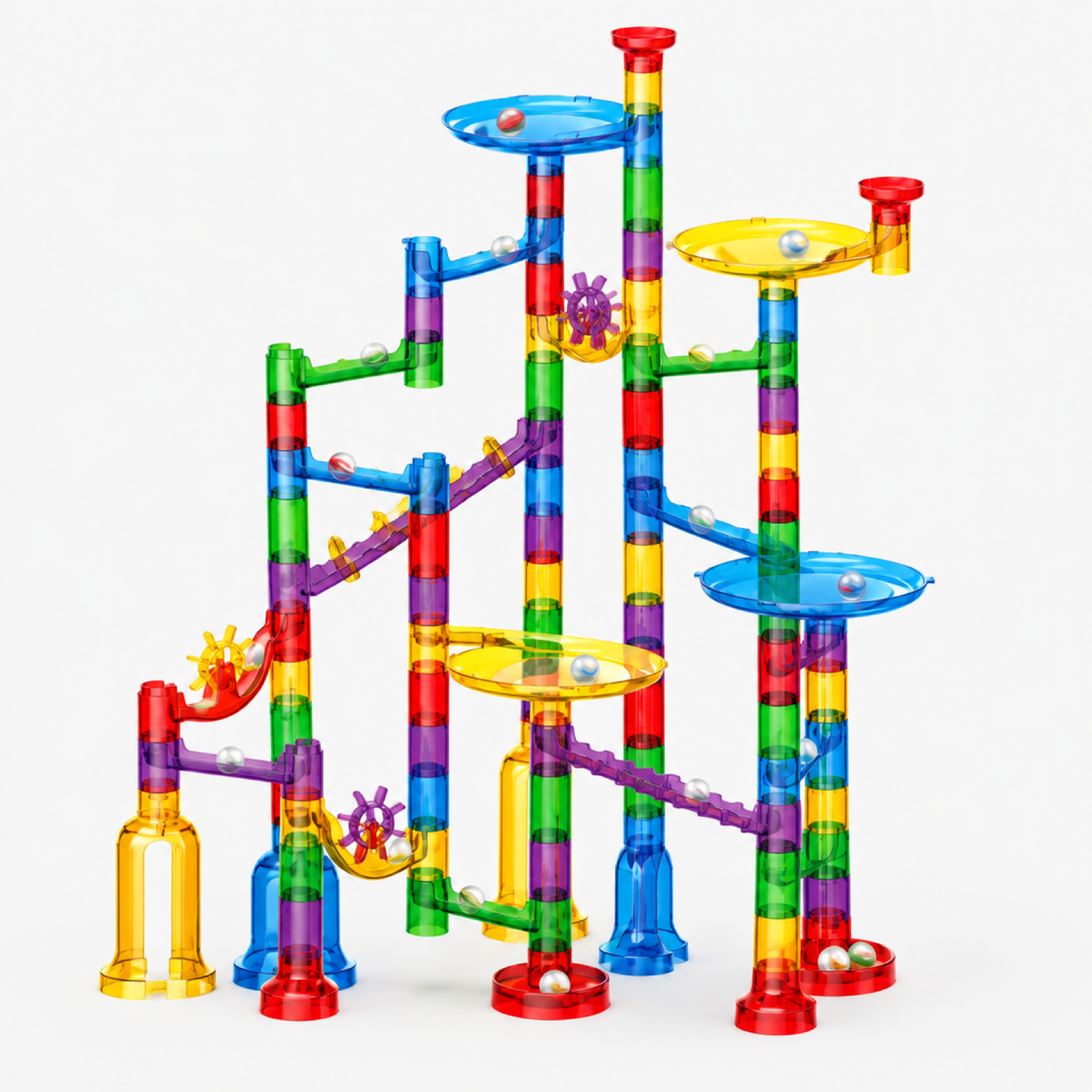 Circuit de billes transparent assemblé, version 118 pièces, rails et entonnoirs colorés