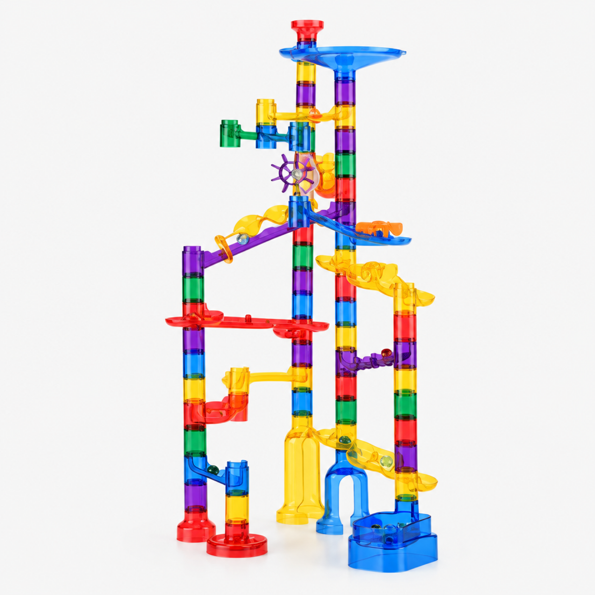 Circuit de billes transparent assemblé, version 84 pièces, avec roue à billes