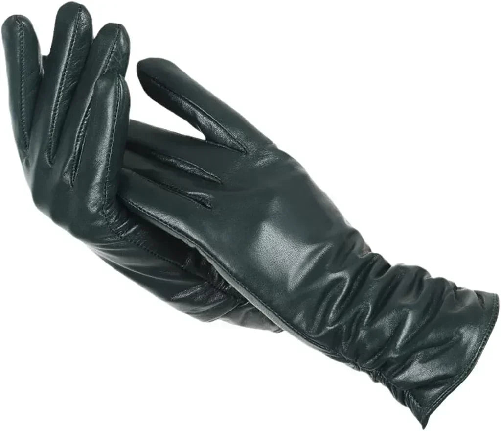 Gants femme en cuir de mouton vert foncé