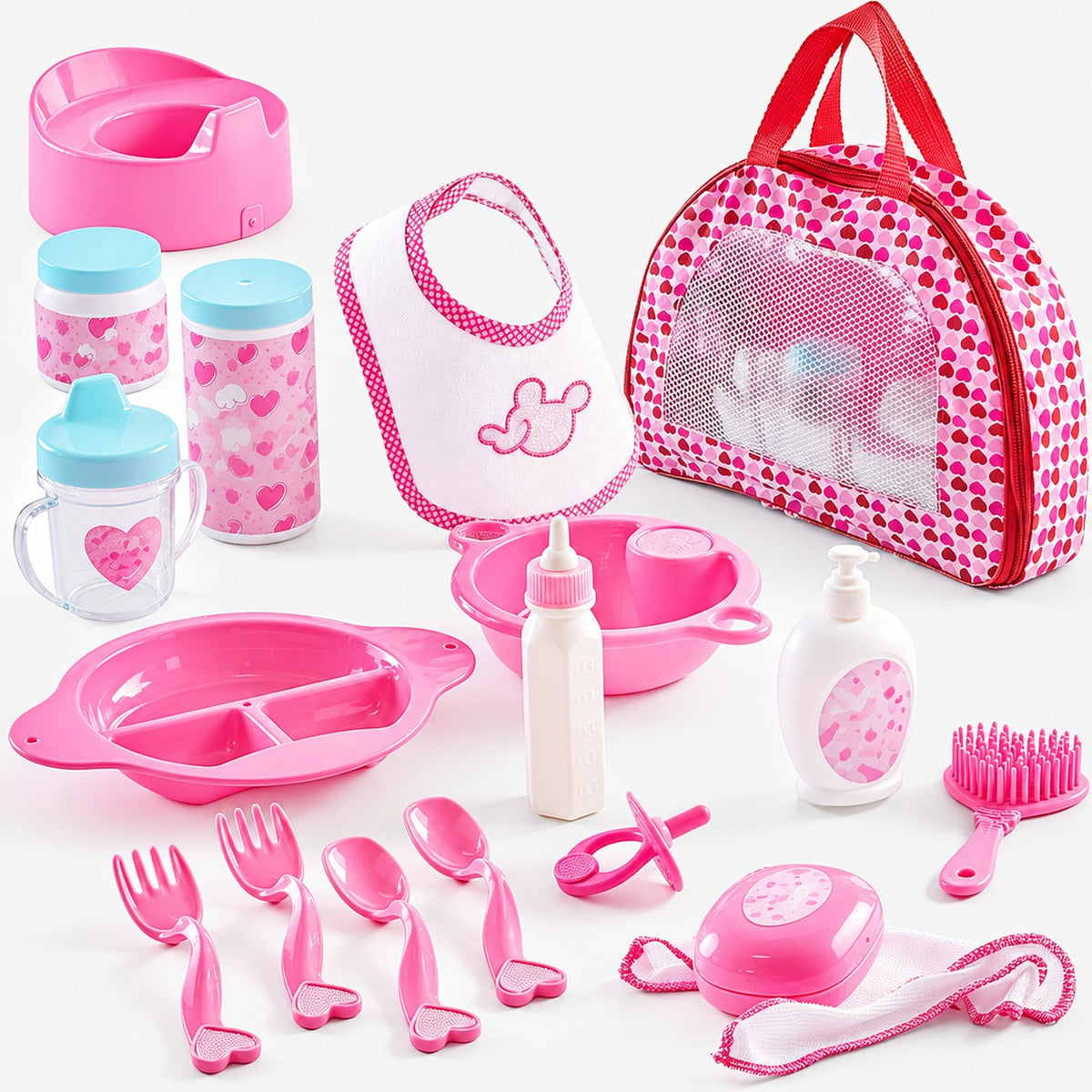 Coffret accessoires poupée 18 pièces rose avec sac de transport, biberon, assiettes, couverts et pot