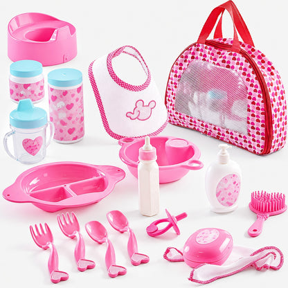 Coffret accessoires poupée 18 pièces rose avec sac de transport, biberon, assiettes, couverts et pot