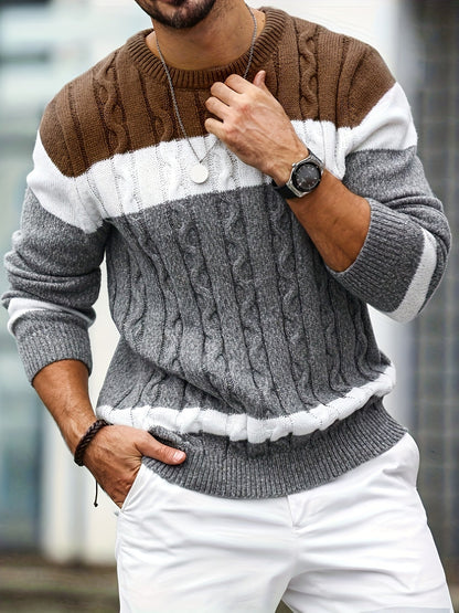 Pull torsadé colour block marron gris et blanc, col rond