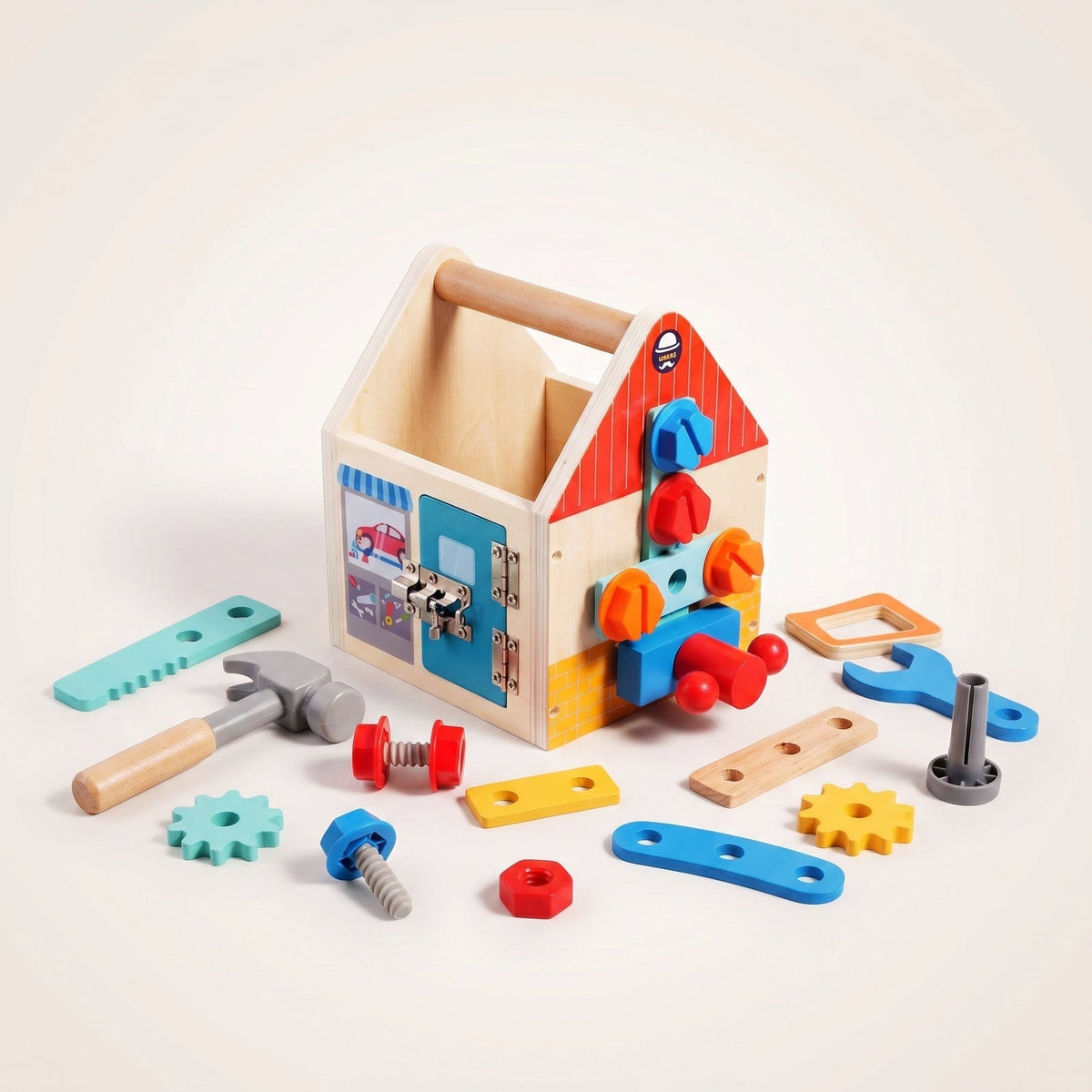 Maison à outils en bois Montessori, vue de face