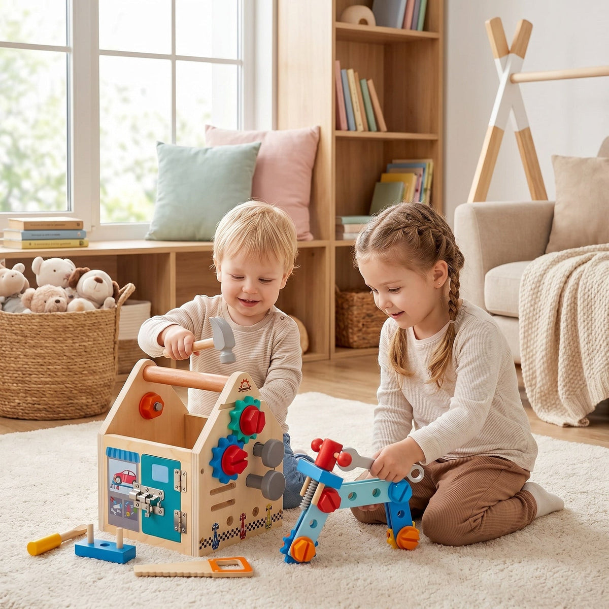 Scène de jeu d'imitation atelier avec la maison à outils Montessori