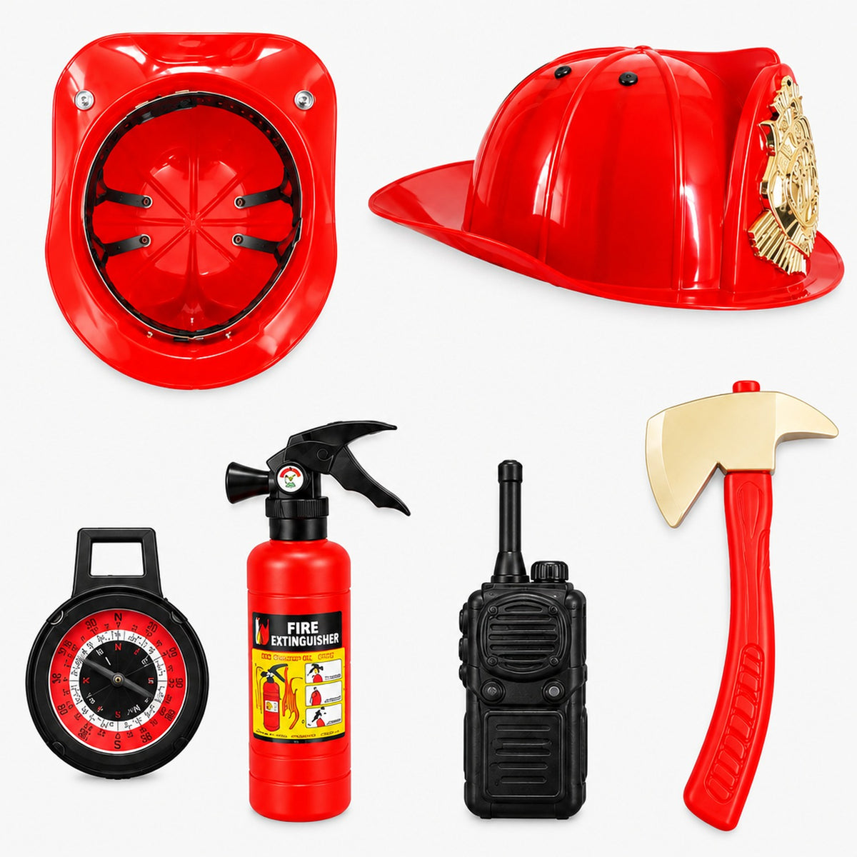 Ensemble 5 accessoires de pompier jouets : casque, hache, extincteur, talkie-walkie et manomètre