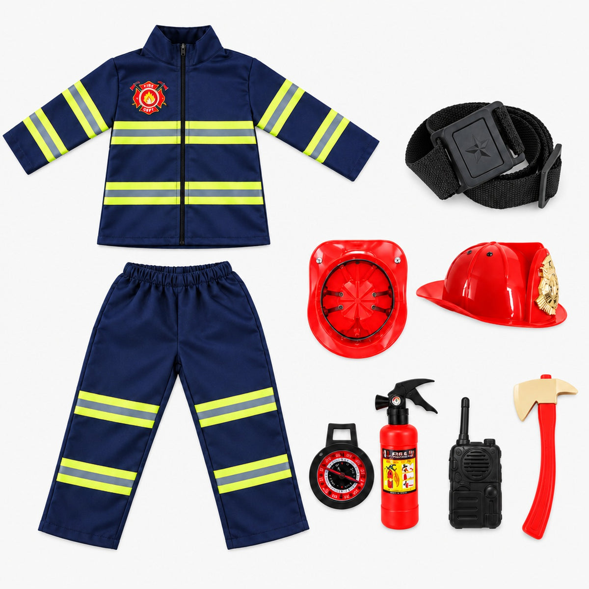 Déguisement pompier enfant bleu marine complet avec ceinture, casque et accessoires jouets