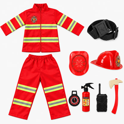 Déguisement pompier enfant rouge complet avec ceinture, casque et accessoires jouets