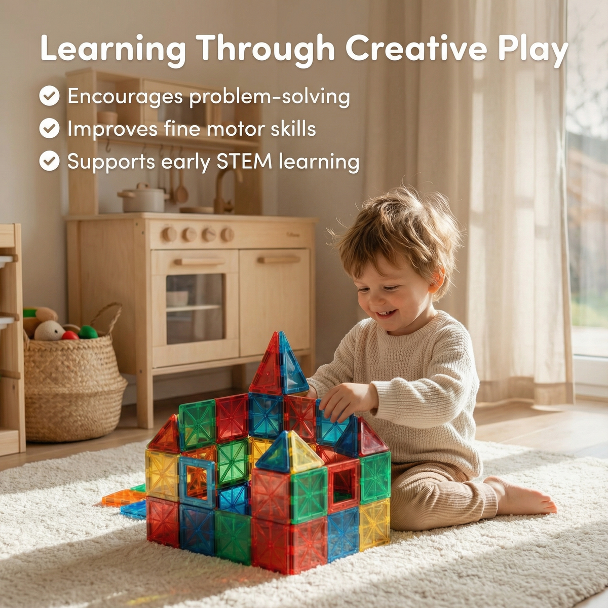 Enfant construisant une maison avec des blocs magnétiques