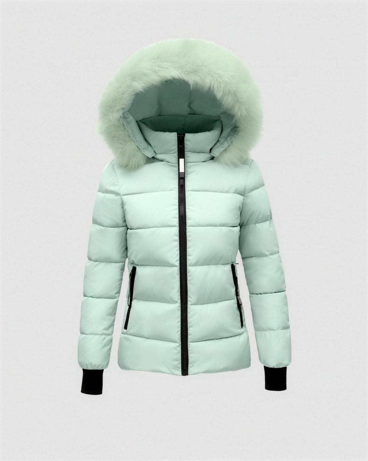 Doudoune femme capuche fausse fourrure - cyan
