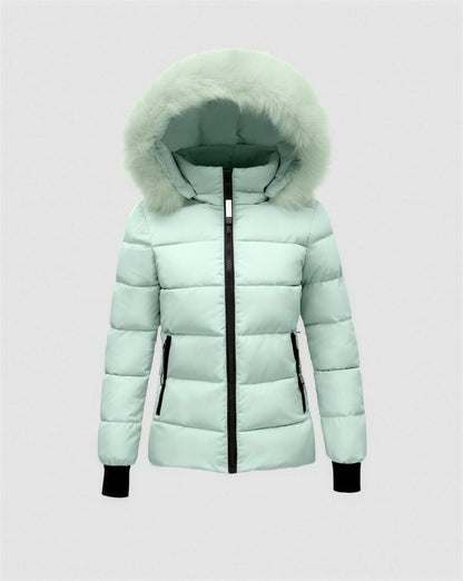 Doudoune femme capuche fausse fourrure - cyan