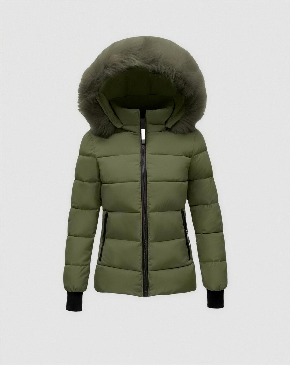 Doudoune femme capuche fausse fourrure - vert armée