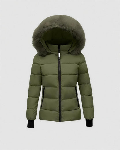 Doudoune femme capuche fausse fourrure - vert armée