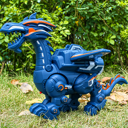 Dinosaure robot interactif avec effet de brume lumineuse sortant de la gueule, vue de face