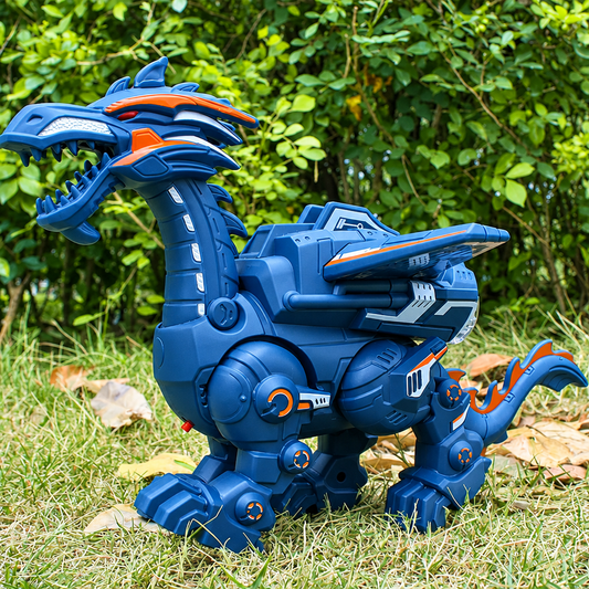 Dinosaure robot interactif avec effet de brume lumineuse sortant de la gueule, vue de face
