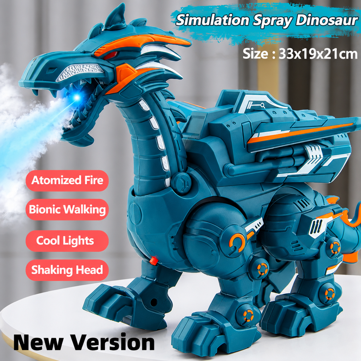 Dinosaure robot interactif, vue de profil montrant les lumières LED sur le corps