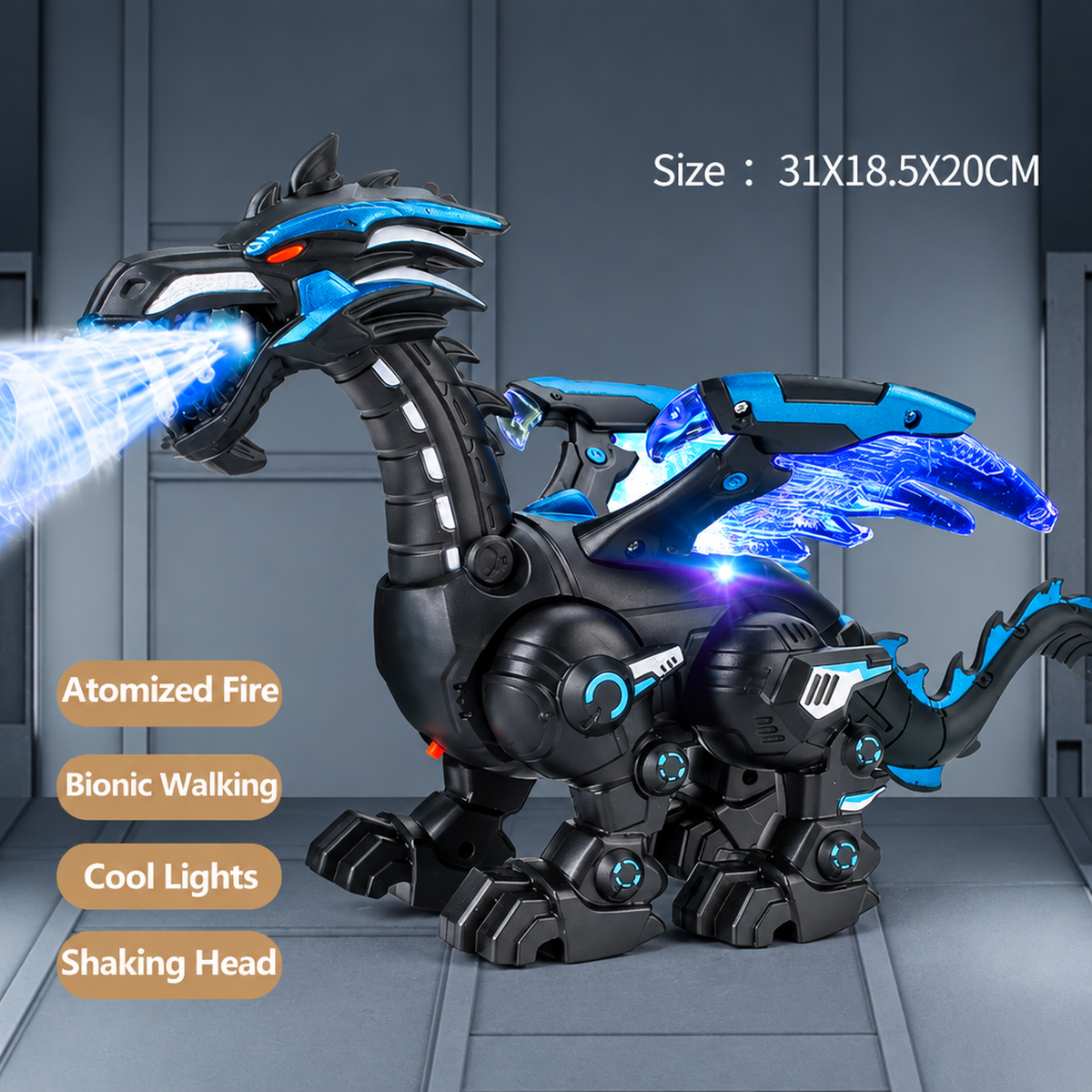 Dinosaure robot interactif en train d'émettre de la brume lumineuse par la bouche