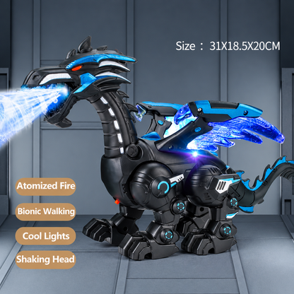Dinosaure robot interactif en train d'émettre de la brume lumineuse par la bouche