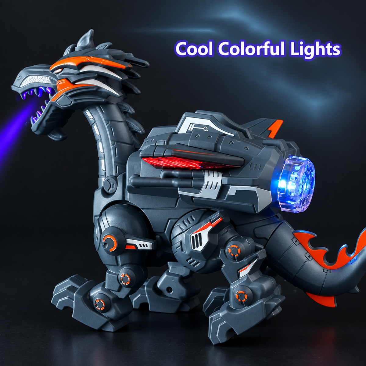 Dinosaure robot interactif, vue arrière montrant les articulations et la queue
