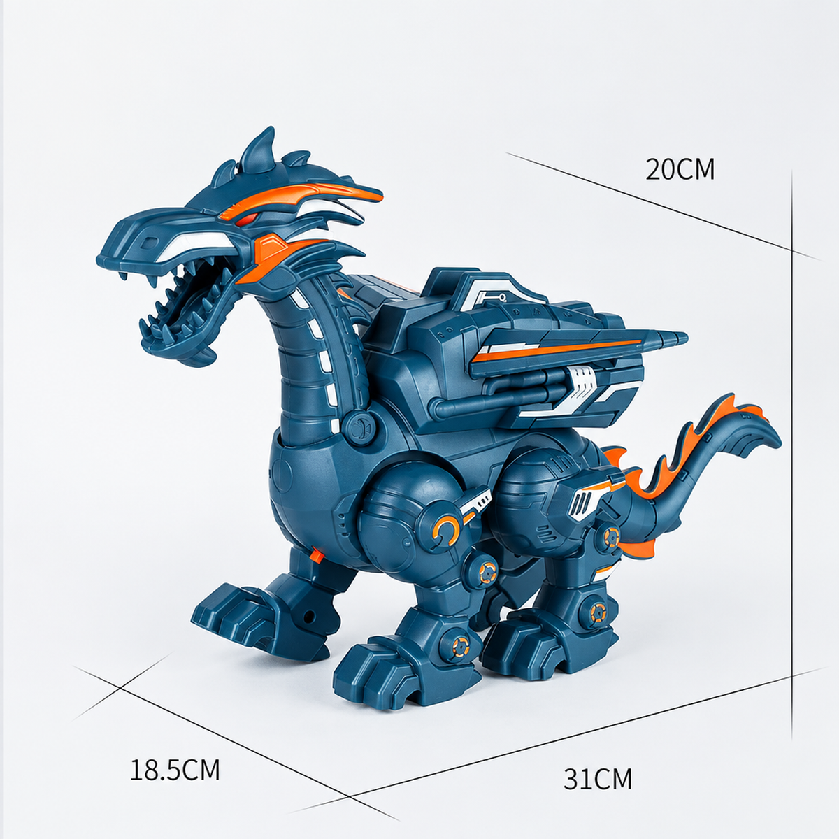 Dinosaure robot interactif posé sur une surface, vue d'ensemble en situation