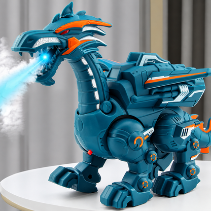 Dinosaure robot interactif, gros plan sur les détails des écailles et du bouton de commande