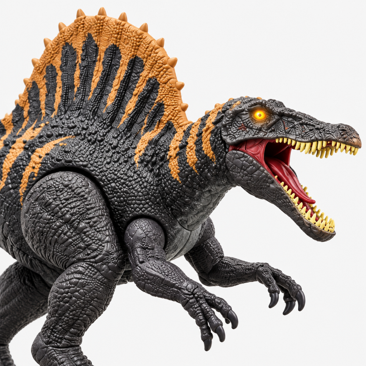 Gros plan sur la tête du dinosaure électronique orange, œil lumineux et gueule rugissante