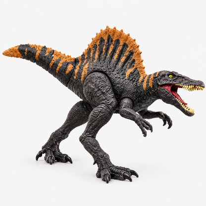 Dinosaure électronique coloris orange et noir, yeux lumineux et gueule rugissante ouverte, vue de trois-quarts