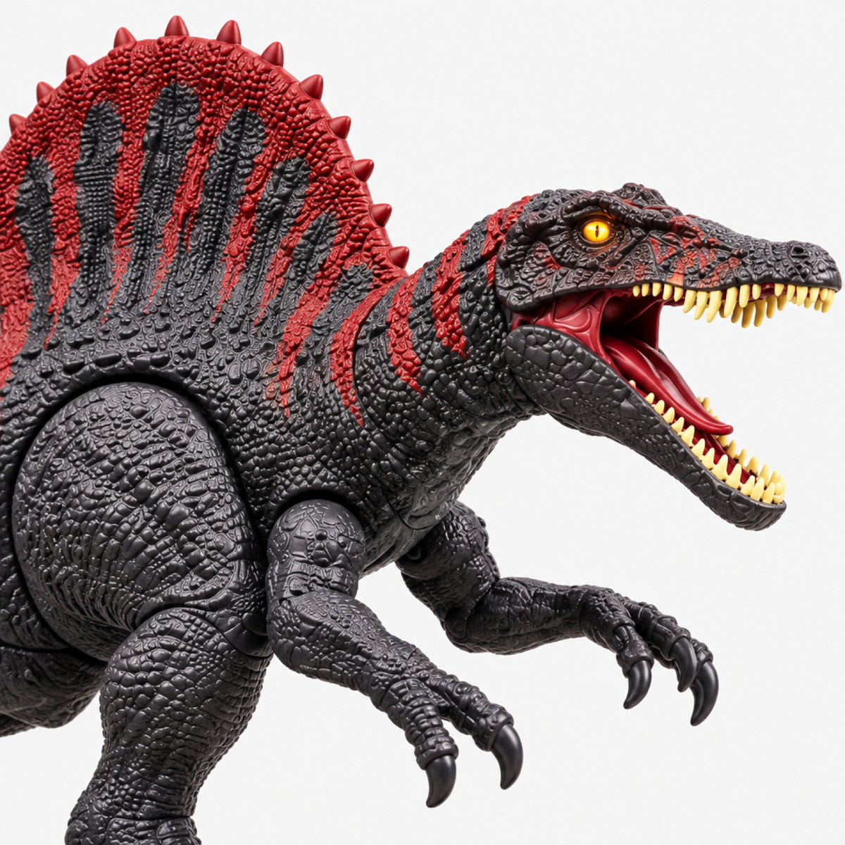 Gros plan sur la tête du dinosaure électronique rouge, œil lumineux et gueule rugissante