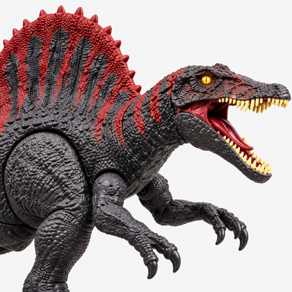 Gros plan sur la tête du dinosaure électronique rouge, œil lumineux et gueule rugissante