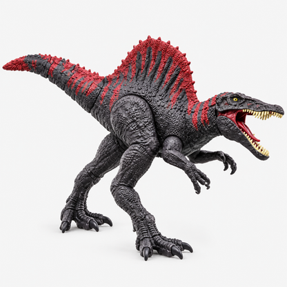 Dinosaure électronique coloris rouge et noir, yeux lumineux et gueule rugissante ouverte, vue de trois-quarts