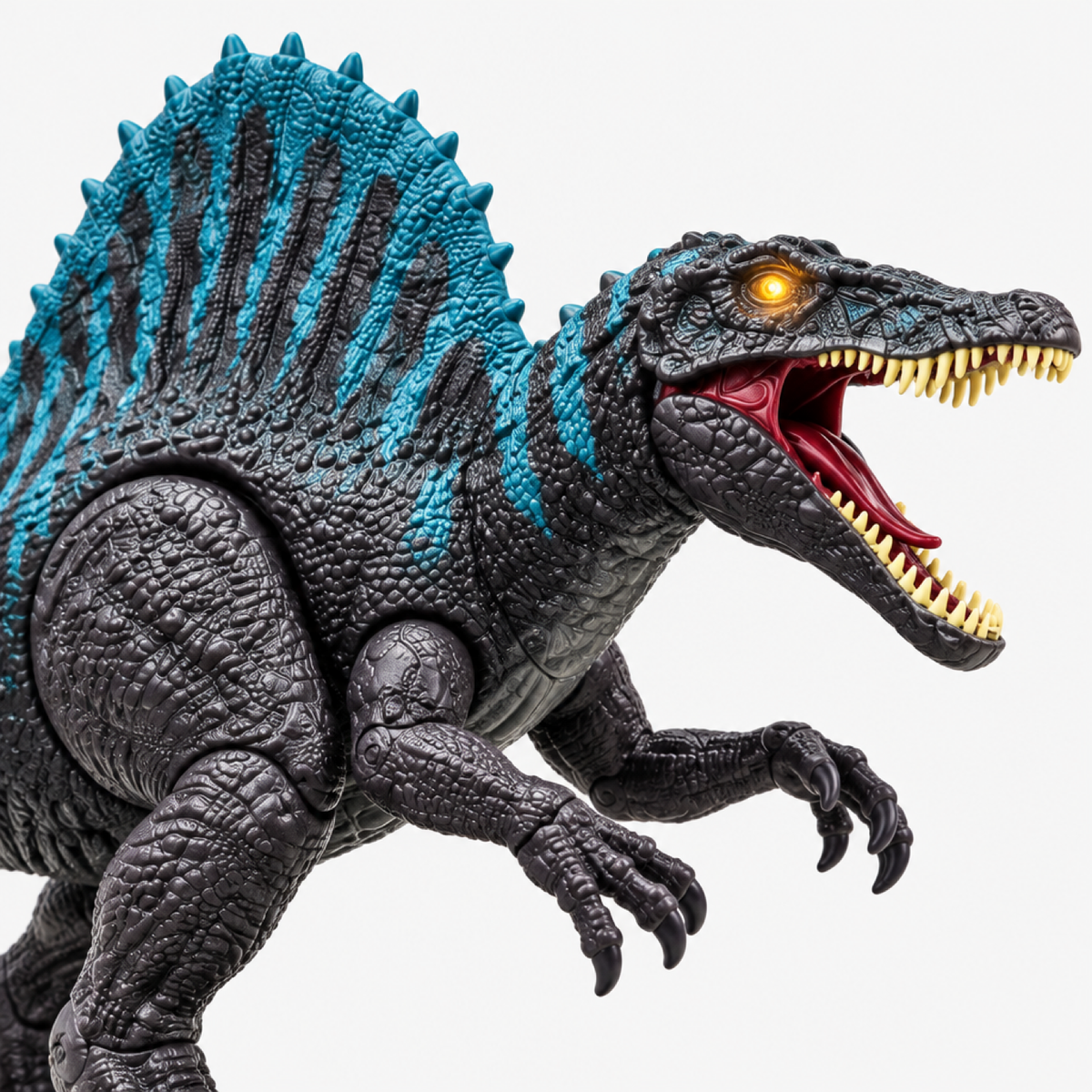 Gros plan sur la tête du dinosaure électronique turquoise, œil lumineux et gueule rugissante