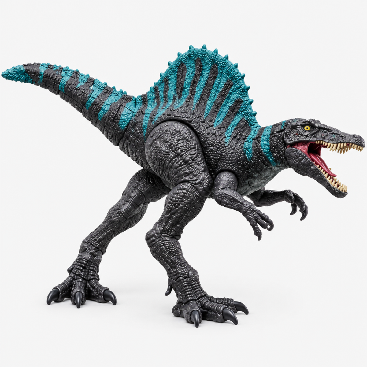 Dinosaure électronique coloris turquoise et noir, yeux lumineux et gueule rugissante ouverte, vue de trois-quarts