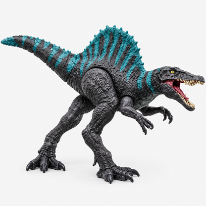 Dinosaure électronique coloris turquoise et noir, yeux lumineux et gueule rugissante ouverte, vue de trois-quarts