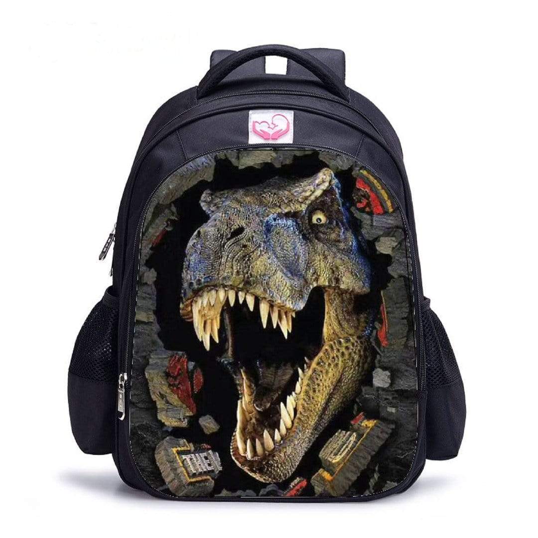Sac à dos dinosaure 3D noir pour enfant, vue de face
