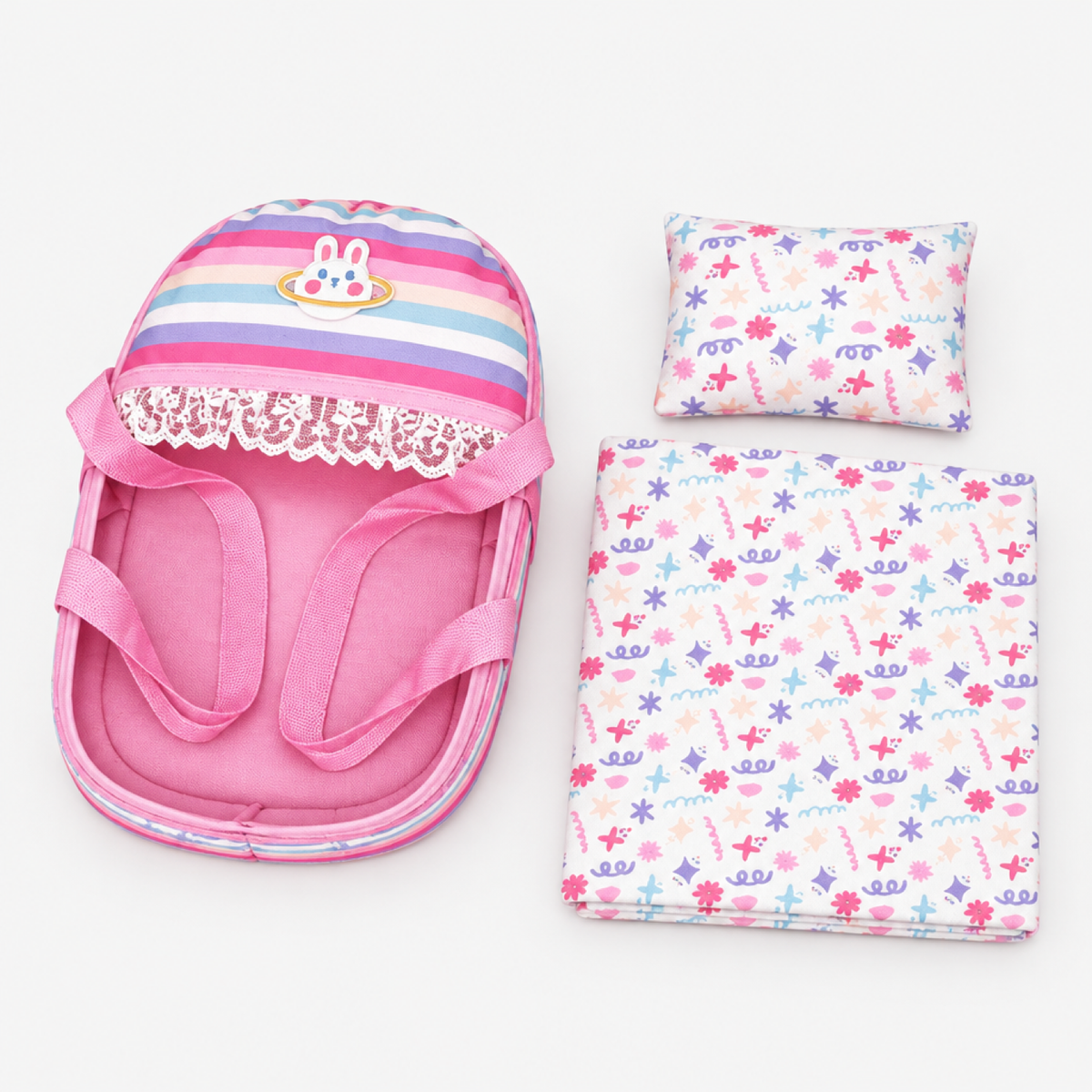 Set complet du panier de couchage pour poupée avec oreiller et couverture, présentation à plat