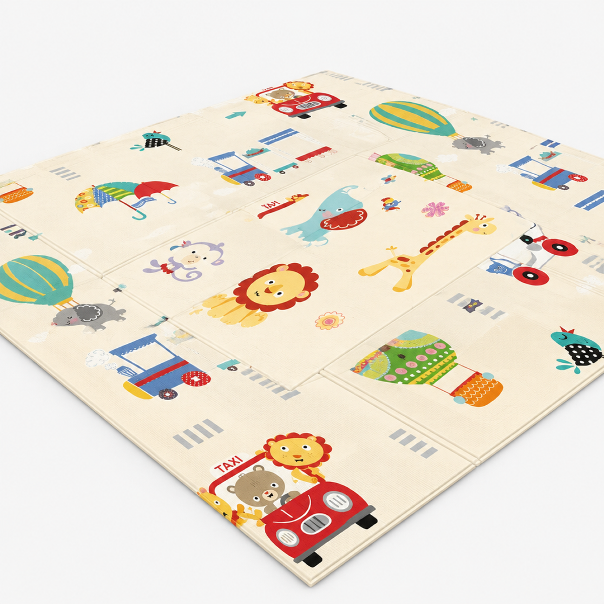Tapis d'éveil bébé pliable beige avec imprimé zoo et véhicules, entièrement déplié