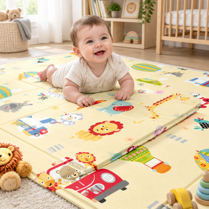 Bébé faisant du temps sur le ventre sur le tapis d'éveil jaune dans une chambre d'enfant