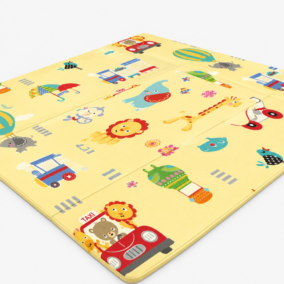 Tapis d'éveil bébé pliable jaune avec imprimé zoo et véhicules, entièrement déplié