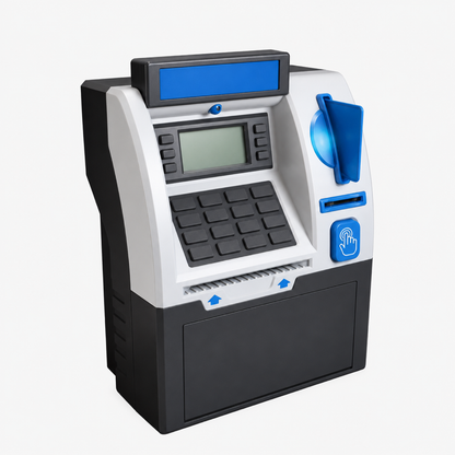 Tirelire ATM pour enfant, vue de face sur fond blanc, sans texte ni logo