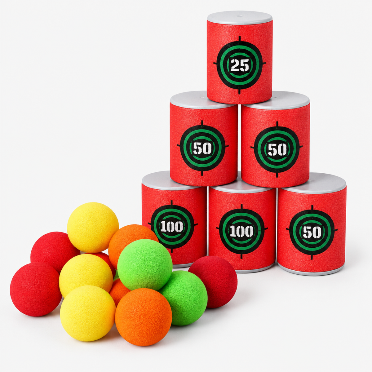 Gros plan des balles en mousse colorées et des boîtes-cibles numérotées
