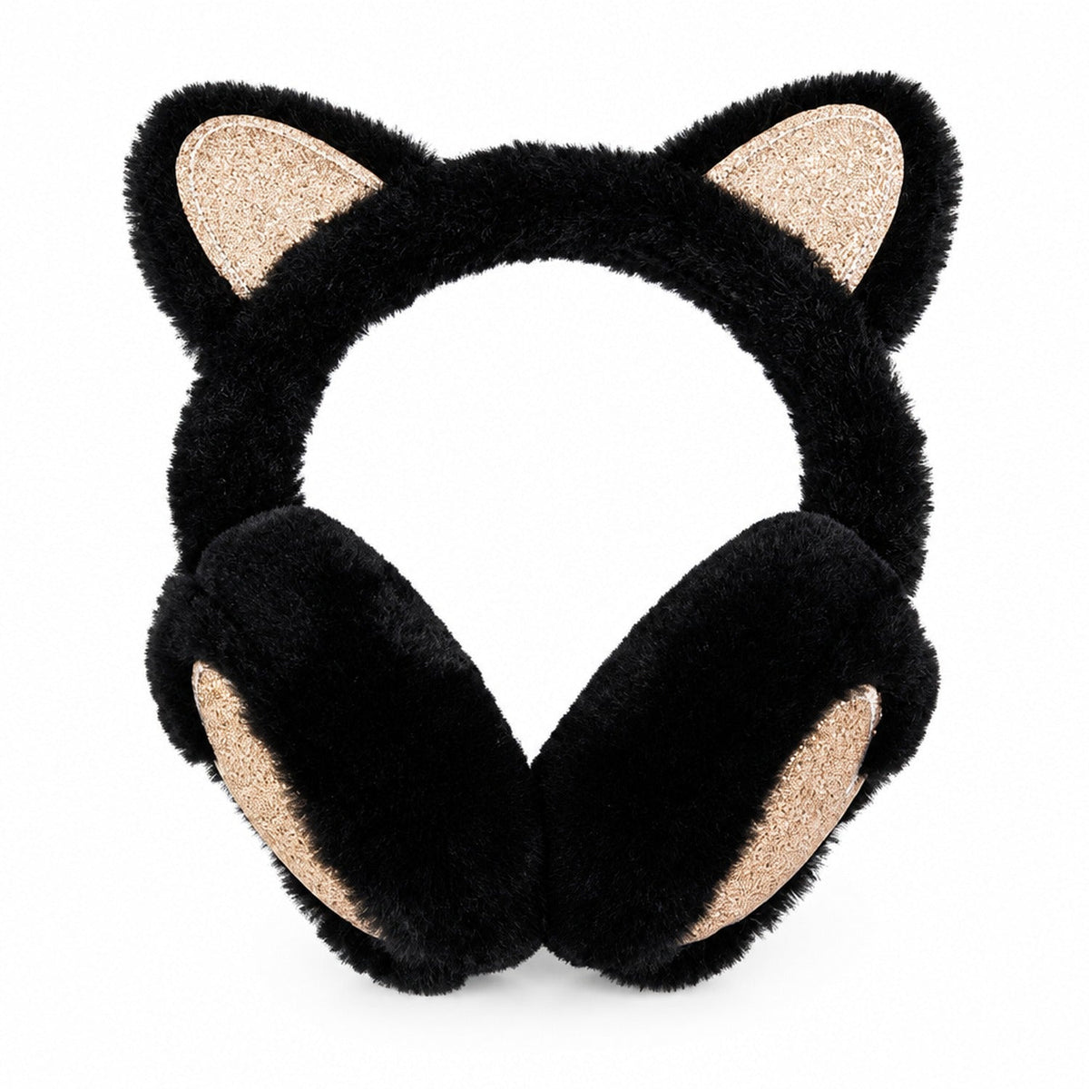 Cache-oreilles en peluche noir à oreilles de chat avec accents pailletés dorés, photo en studio sur fond blanc
