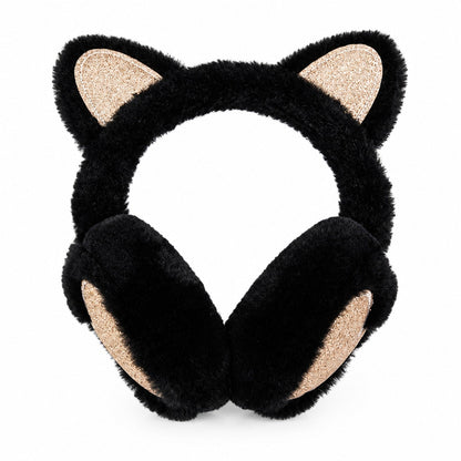 Cache-oreilles en peluche noir à oreilles de chat avec accents pailletés dorés, photo en studio sur fond blanc