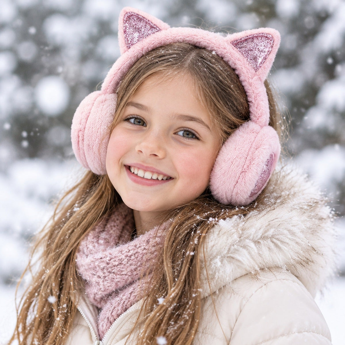 Jeune fille portant des cache-oreilles en peluche rose à oreilles de chat pailletées en extérieur dans la neige