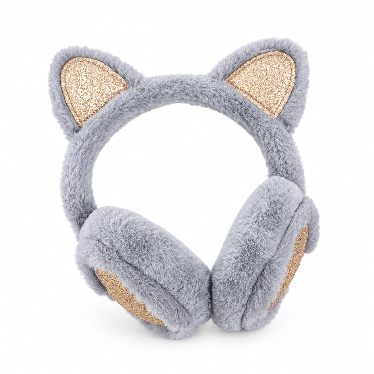 Cache-oreilles en peluche gris à oreilles de chat avec accents pailletés dorés, photo en studio sur fond blanc